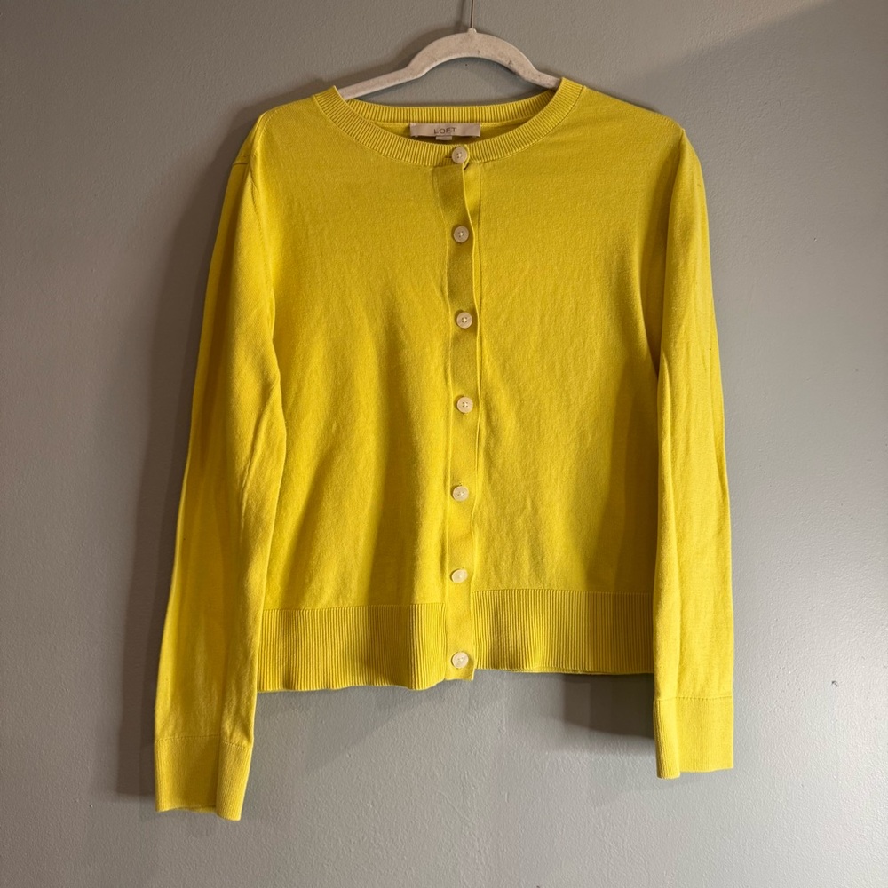 LOFT Yellow Button-Up Crewneck Cardigan